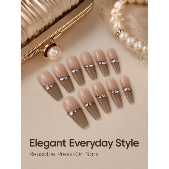 Nude‑Brown Gradient Medium‑Long Coffin Press‑On Nails, Elegant False Nails With Thin Black Lines & Rhinestones
